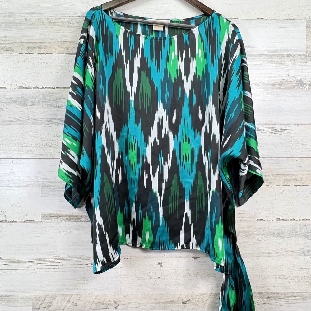 Michael Kors Blouse Women 3X Teal Green Ikat Tie Hem Chic Modern‎ Uniform Summer